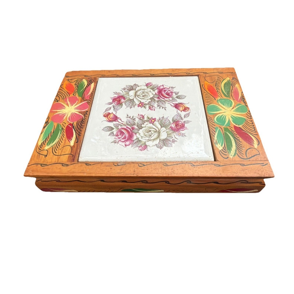 Vintage Mexican Hand Carved‎ Wood Jewelry Box With Inlaid Ceramic Floral Tile